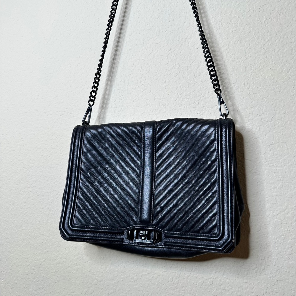 Rebecca Minkoff Chevron Quilted Love Crossbody Bag Black Leather Tonal Hardware